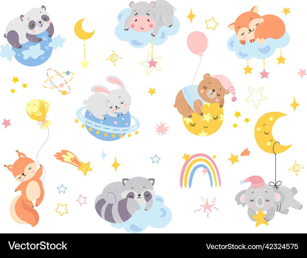 Cute Animals Sleeping with Clouds Vector Image