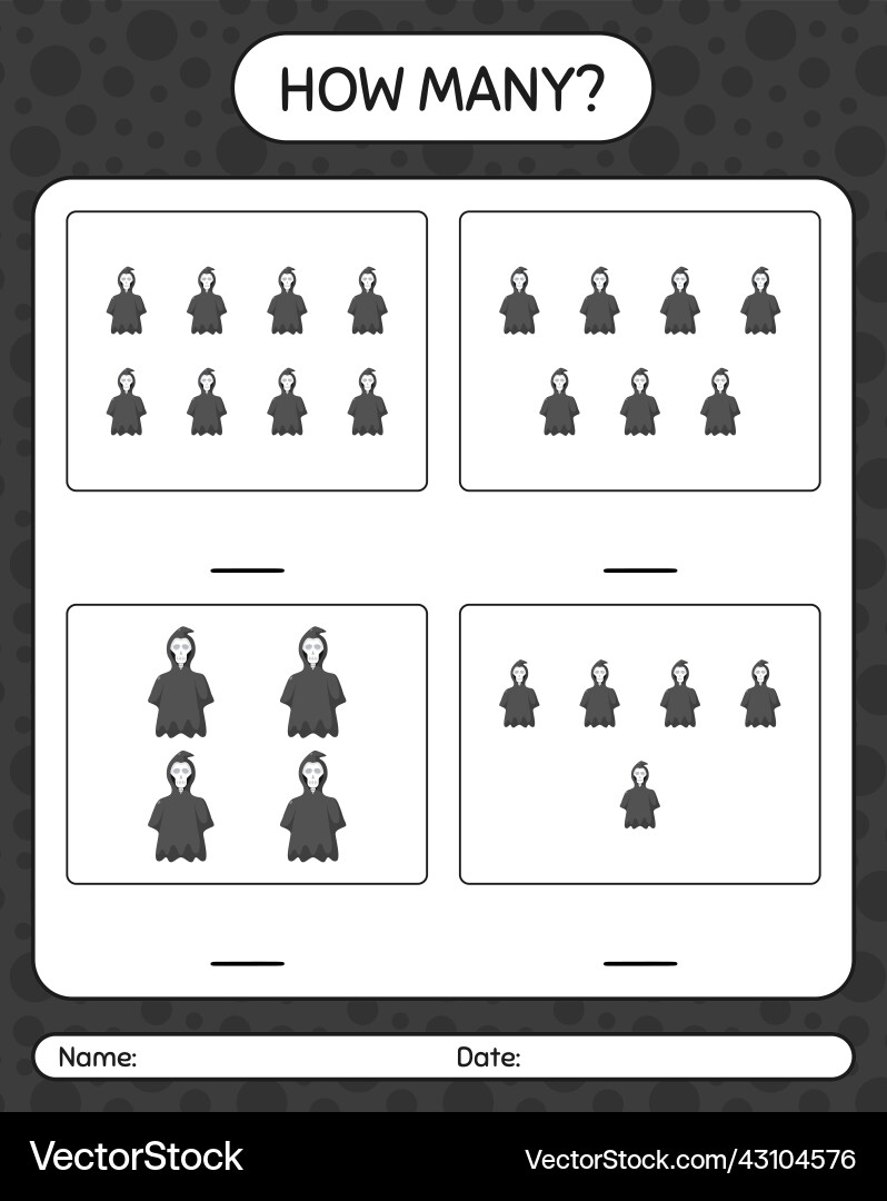 How many counting game with grim reaper worksheet Vector Image