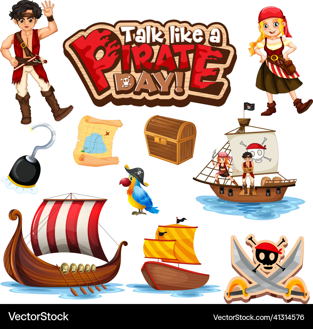 Set of pirate cartoon characters and objects Set of pirate cartoon characters and objects vector image