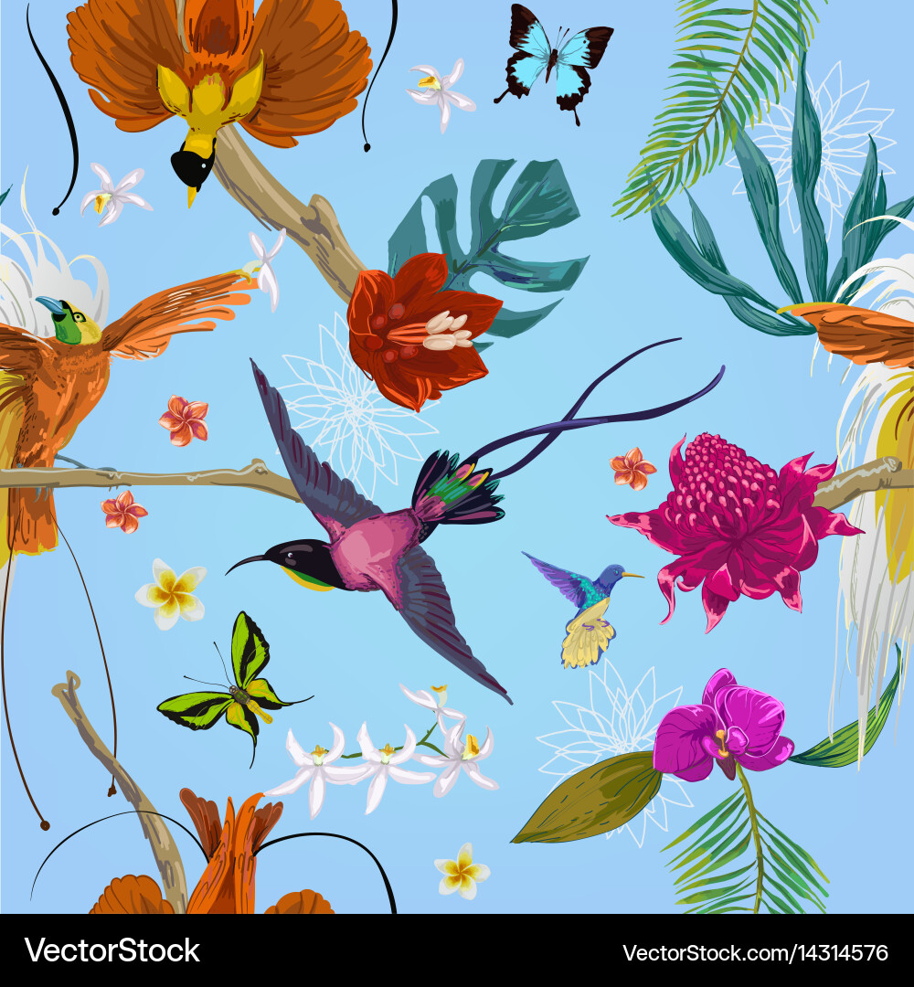 Tropical Birds & Blooms Pattern vector image