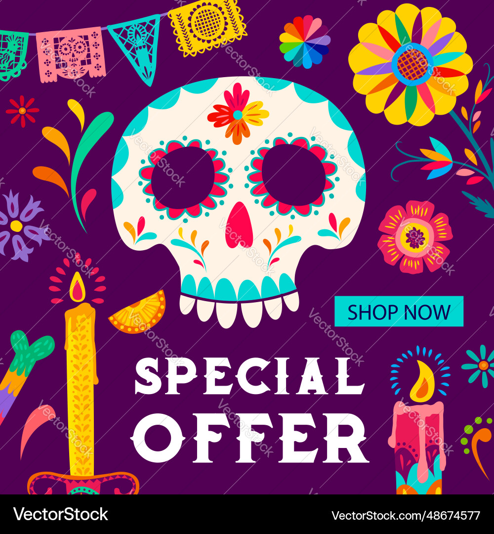 Day of dead holiday sale banner skull marigolds Day of dead holiday sale banner skull marigolds vector image