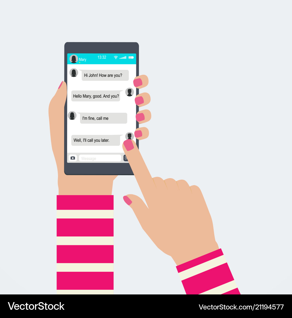 Hands holds mobile phone with messaging in app Hands holds mobile phone with messaging in app vector image
