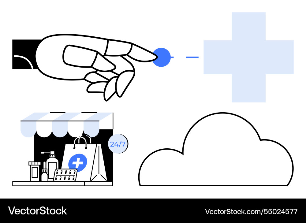Robot hand interacting with digital cross Robot hand interacting with digital cross vector image