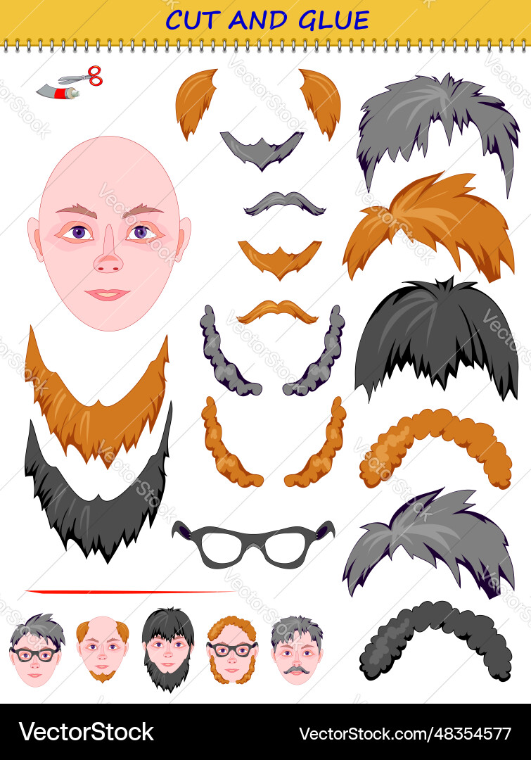 Use a scissors to cut and glue the imaginary face Use a scissors to cut and glue the imaginary face vector image
