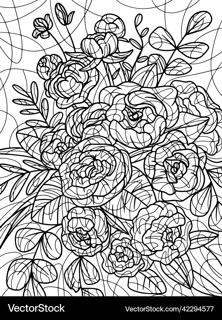 White Peonies Coloring Page - Floral Art Vector Image
