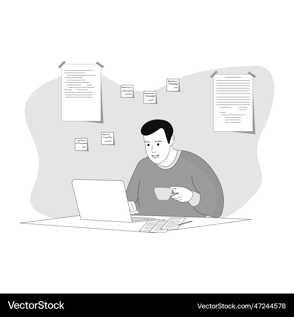 A man with smile sits at computer Vector Image