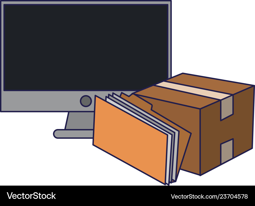 Computer and cardboard box with folder blue lines vector image