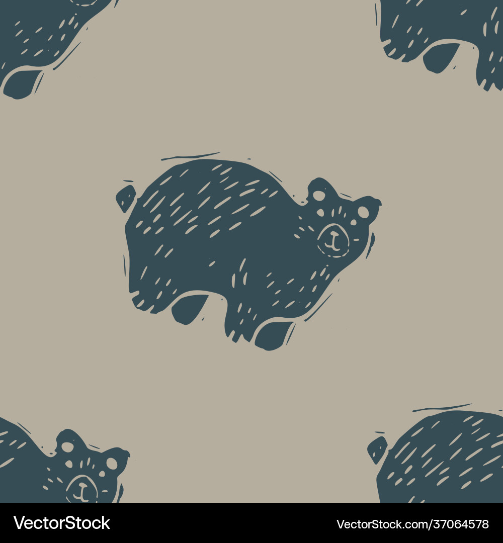 Handmade carved block print bear seamless pattern vector image