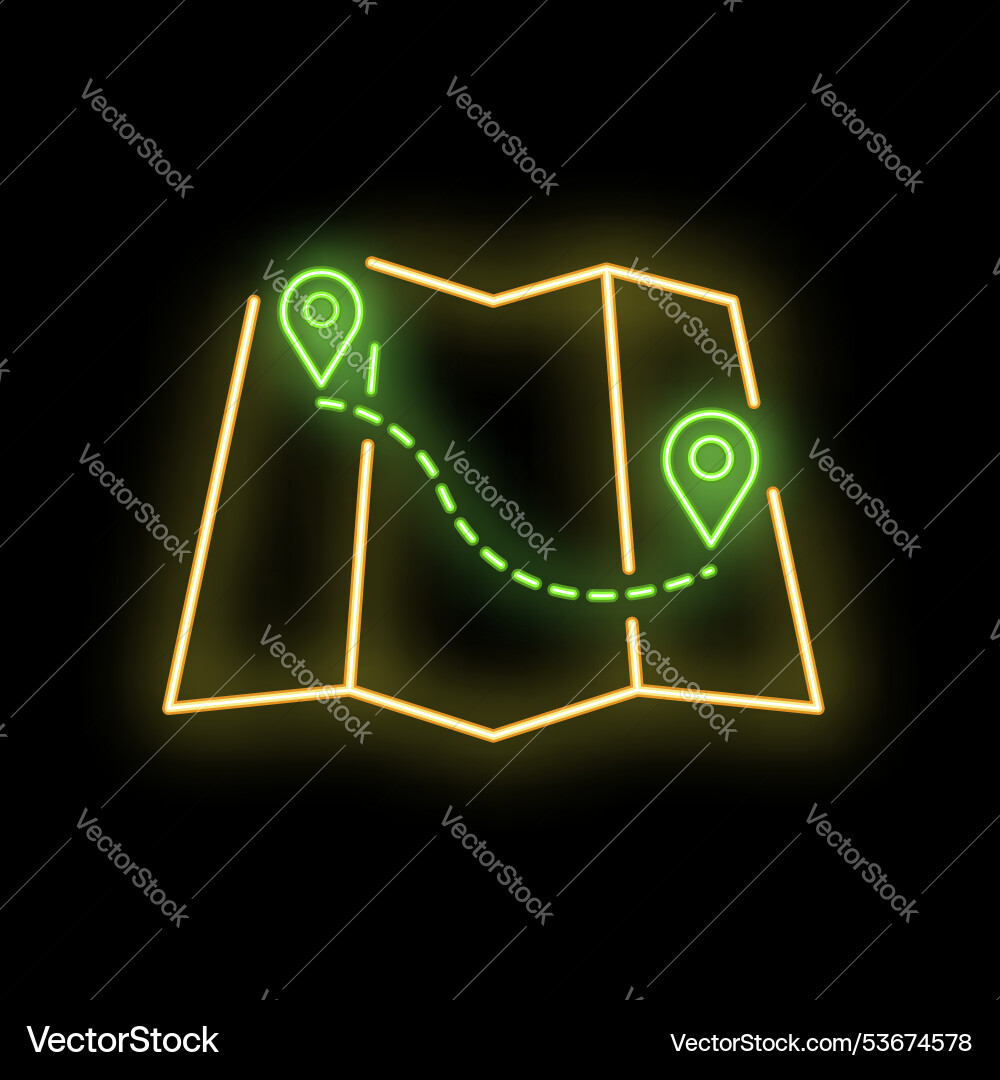 Neon sign showing a map with route between two vector image