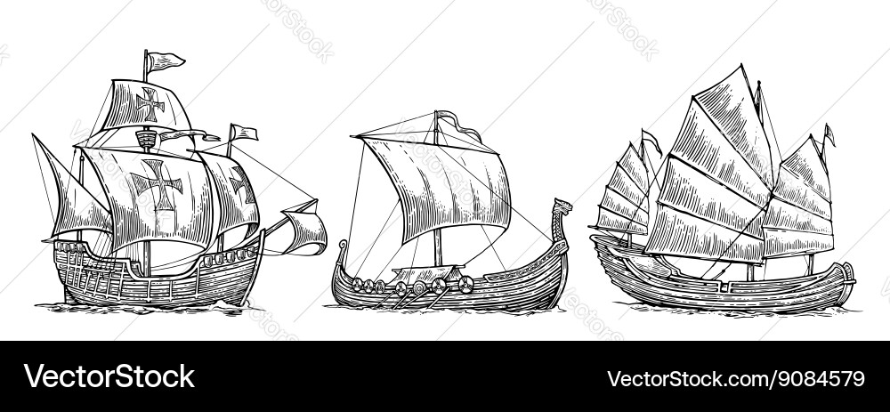 Caravel drakkar junk set sailing ships floating vector image