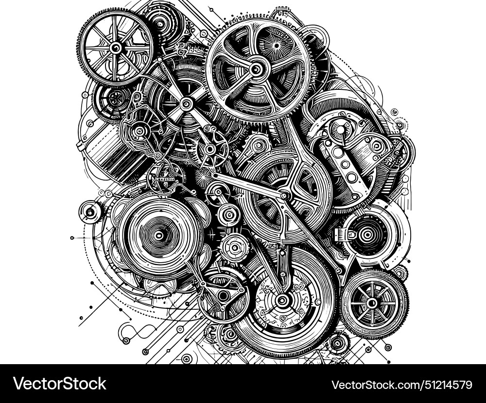 Complex mechanism in a cube sketch board Complex mechanism in a cube sketch board Vector Image