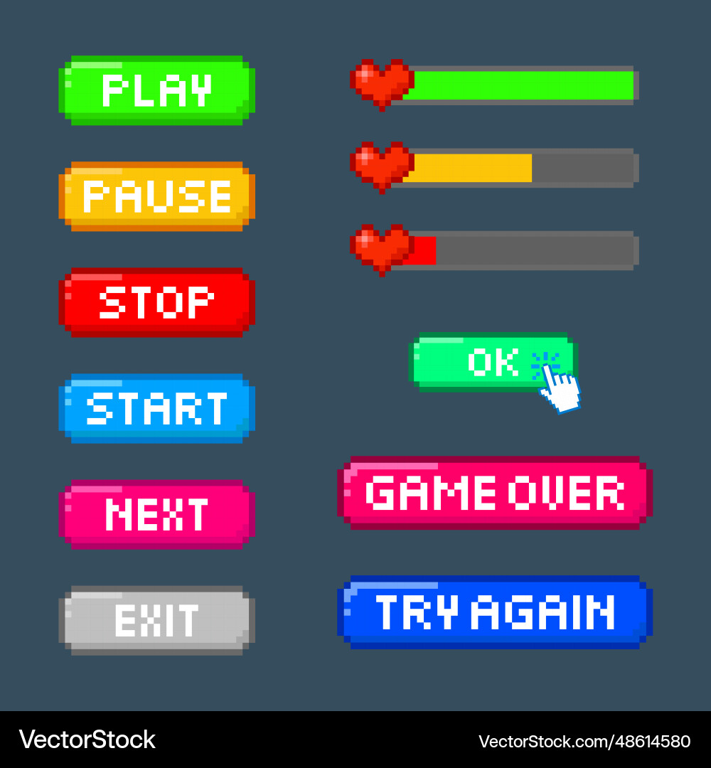 Game button pixel art with cursor hand clicking vector image