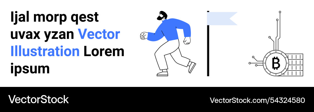 Man running towards bitcoin symbol with flag text Man running towards bitcoin symbol with flag text vector image