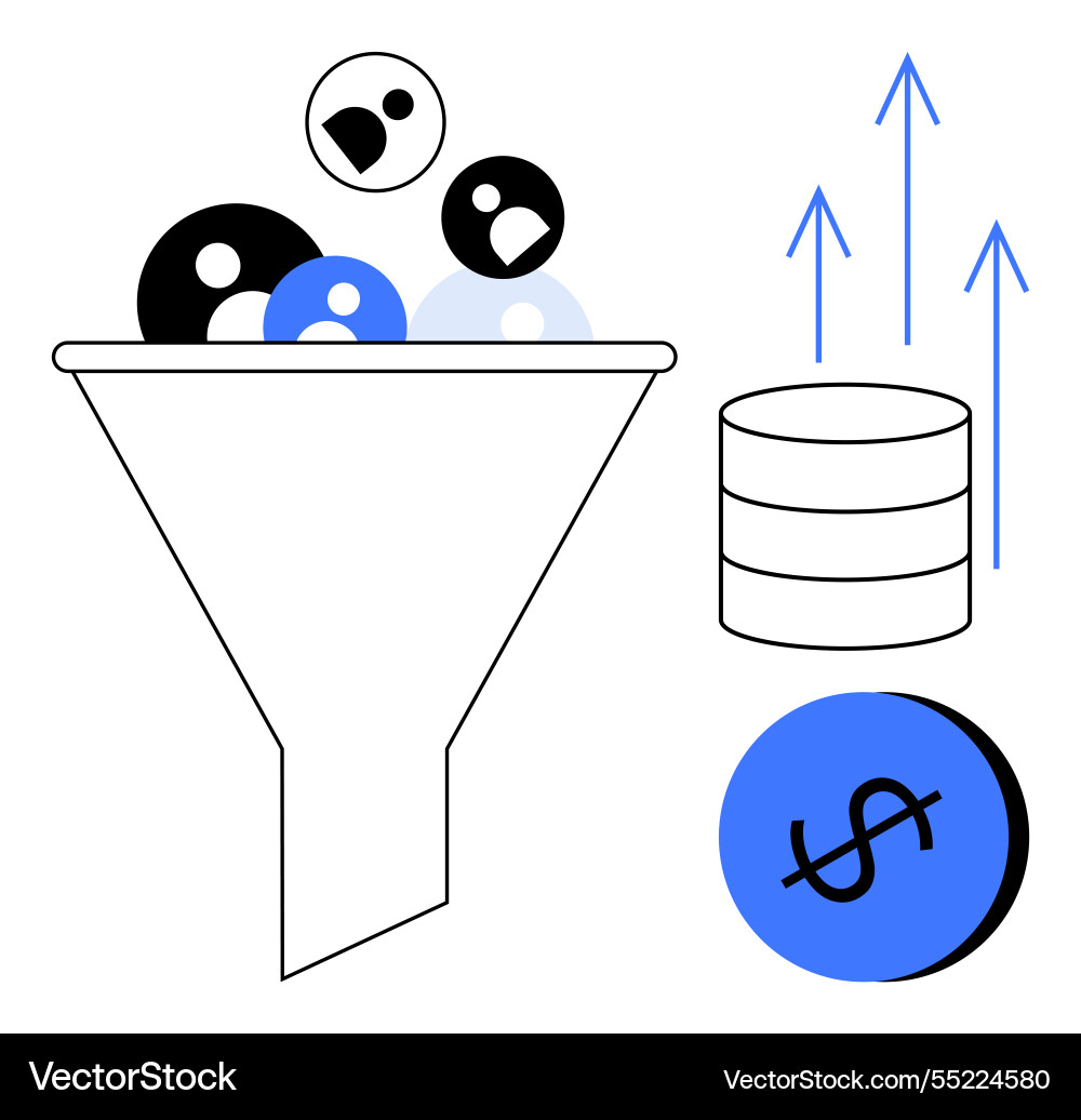 Sales funnel visualization with data and financial Sales funnel visualization with data and financial vector image