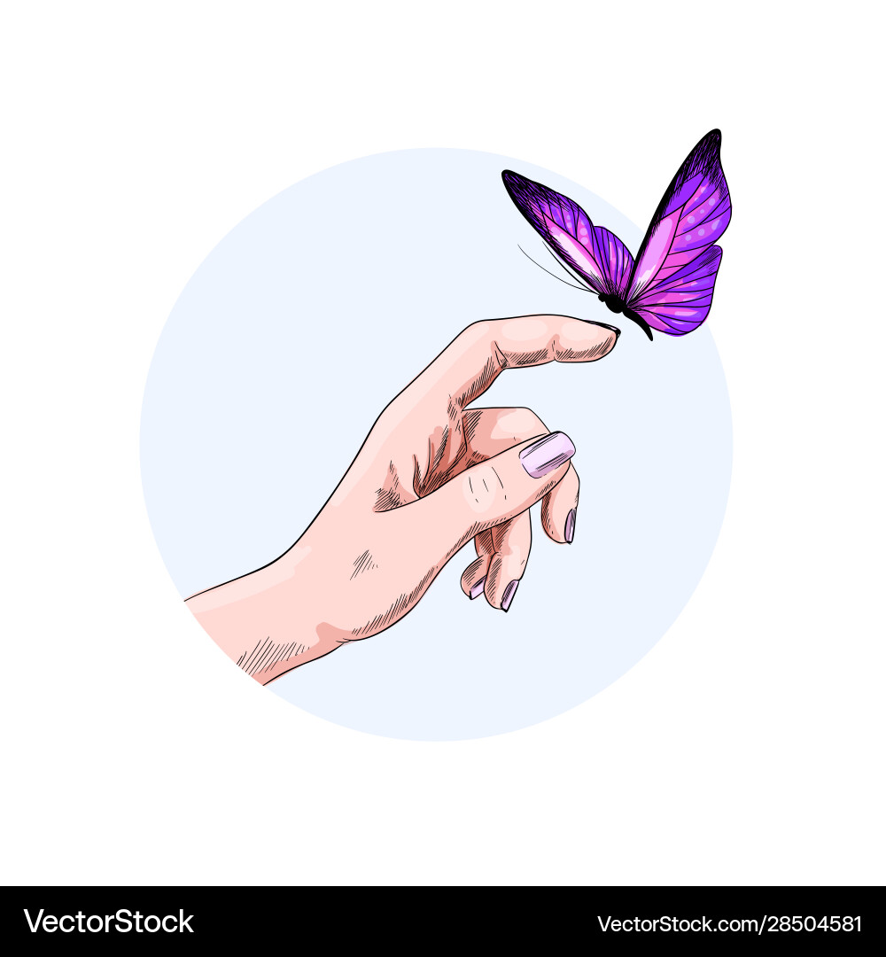 Butterfly flying to finger girl hand vector image