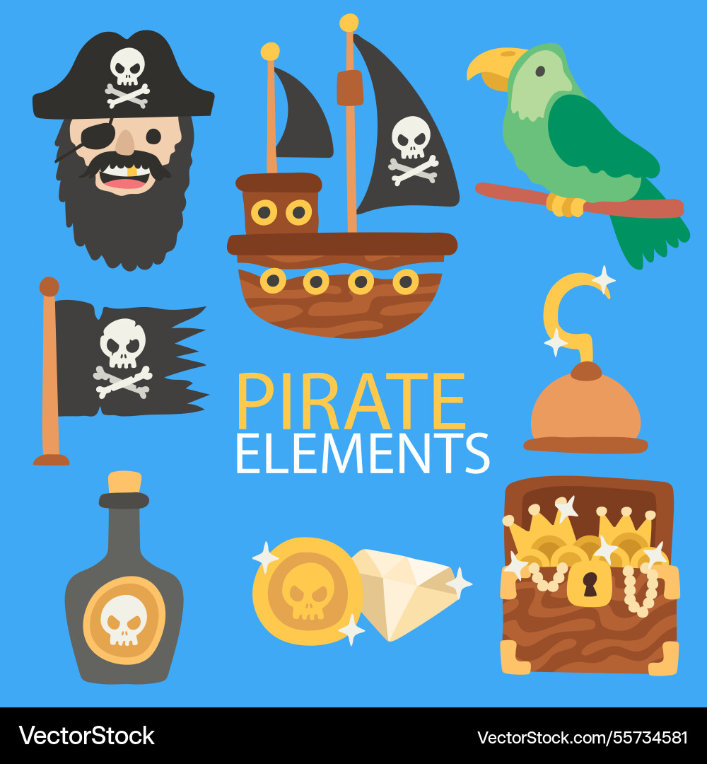 Collection of pirate and parrot with other objects Vector Image