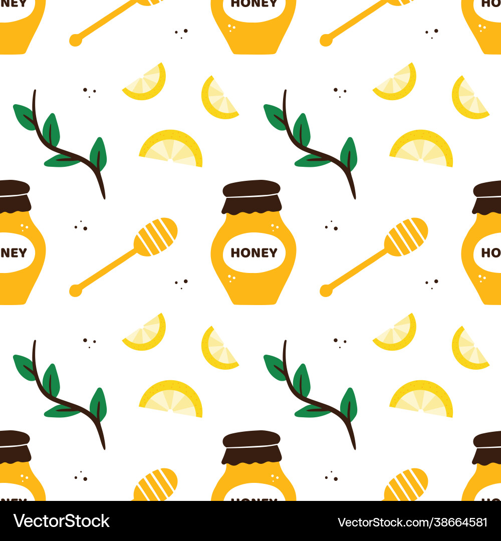 Honey jars and dippers branches lemon pattern Honey jars and dippers branches lemon pattern vector image