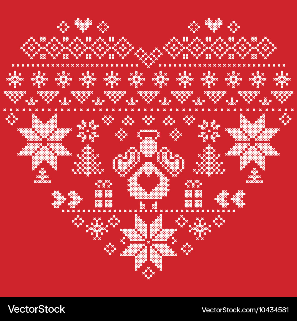 Nordic pattern in hearts shape with an angel red vector image
