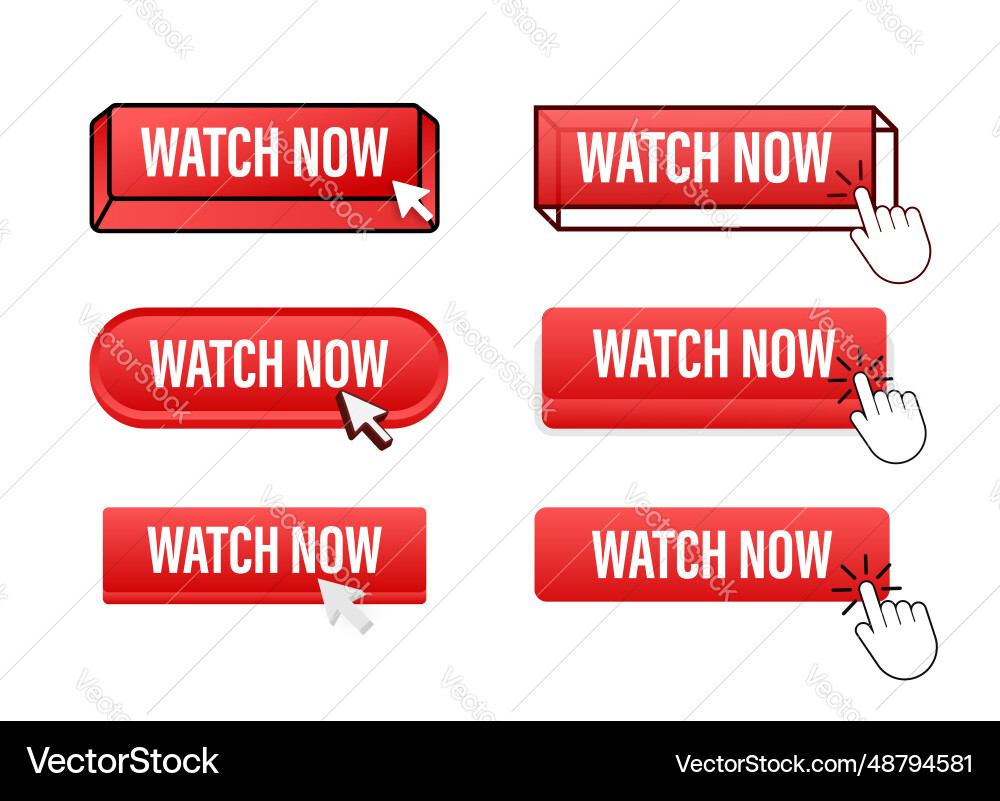 Watch now button with pointer clicking Watch now button with pointer clicking Vector Image
