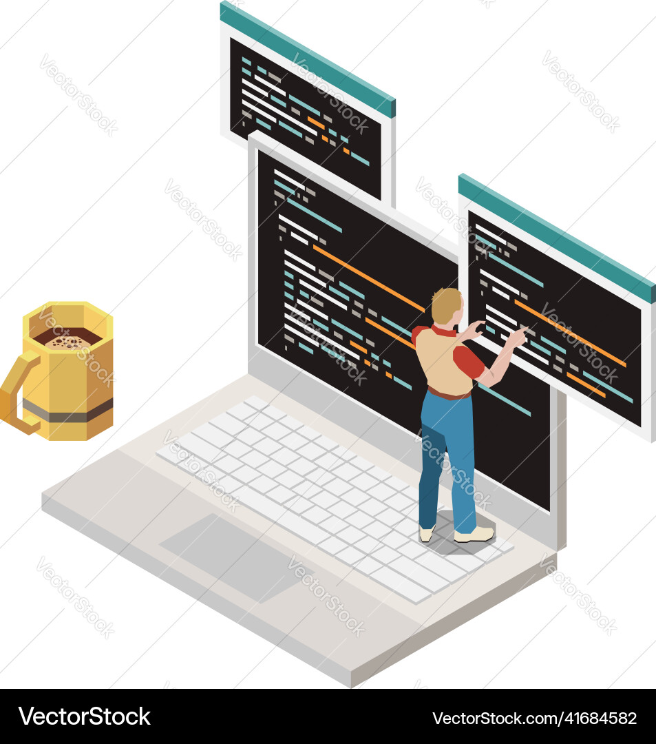 Laptop programming isometric composition Laptop programming isometric composition vector image
