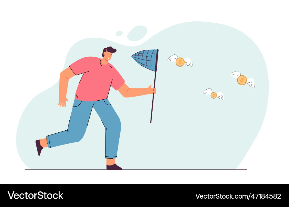 Man catching winged coins with butterfly net Man catching winged coins with butterfly net Vector Image