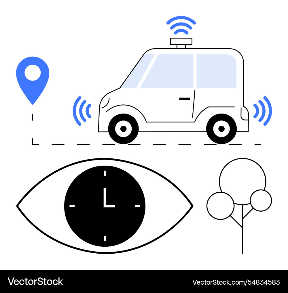 Autonomous vehicle with map pin clock and tree Autonomous vehicle with map pin clock and tree vector image