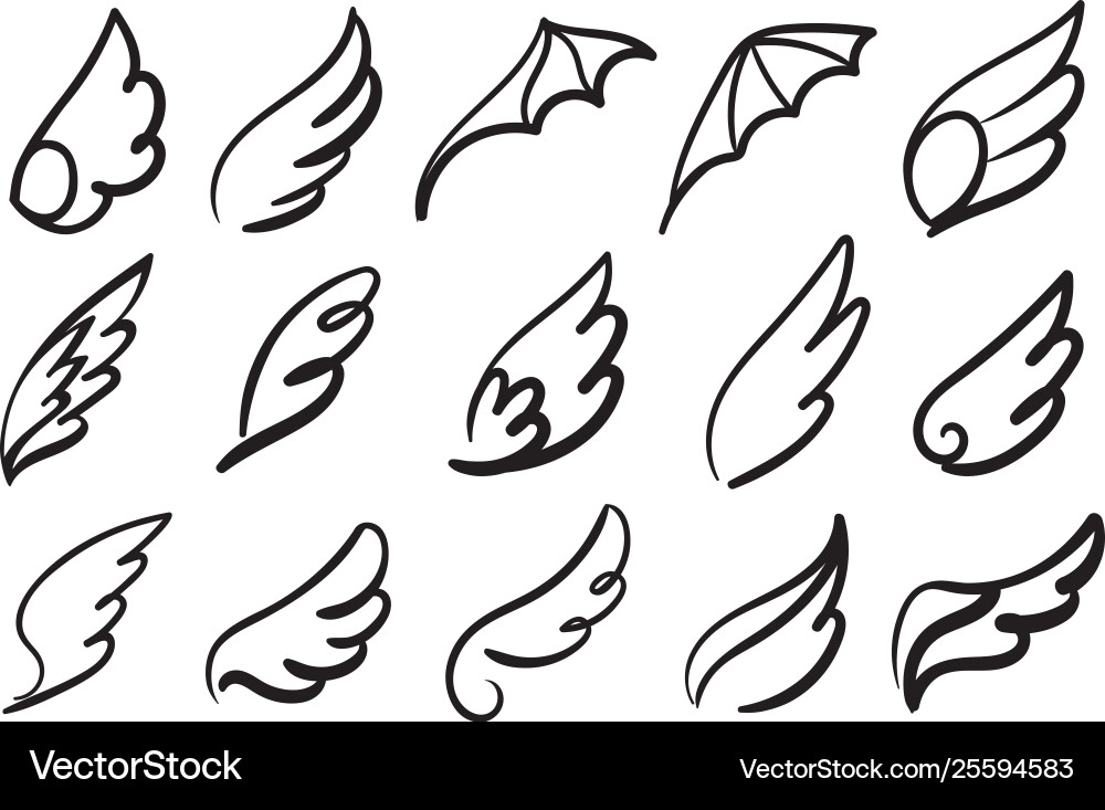 Hand drawn angel wings sketch feather bird line Hand drawn angel wings sketch feather bird line vector image