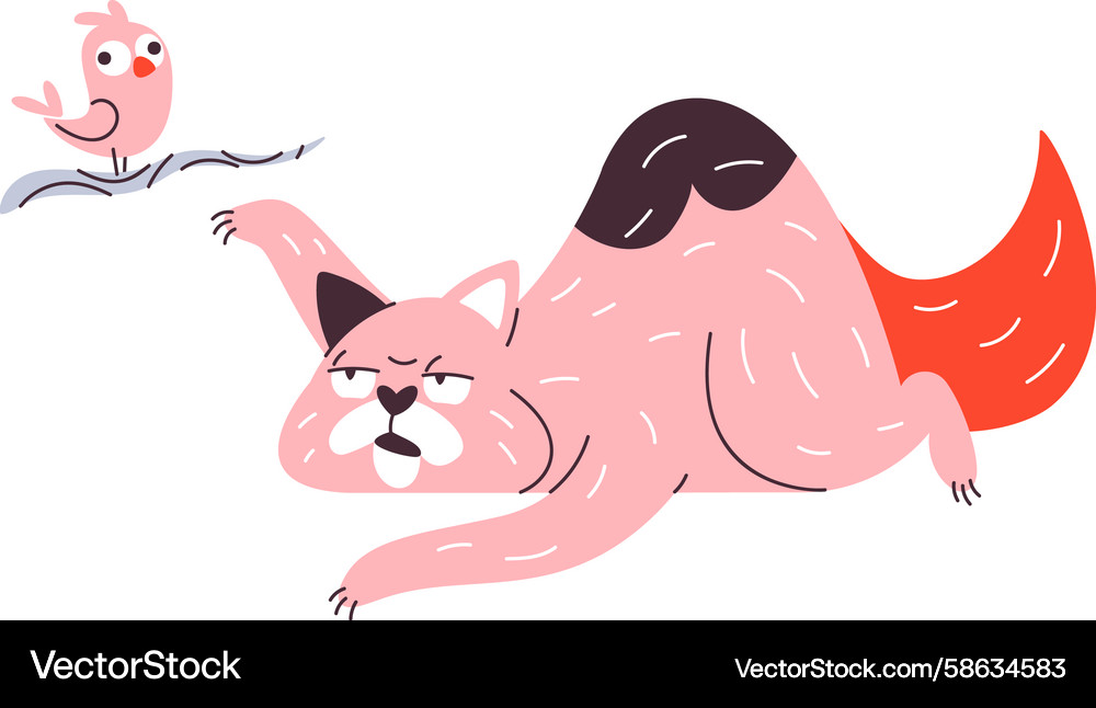 Lazy Katze und Vogelzeichen Vektorbild