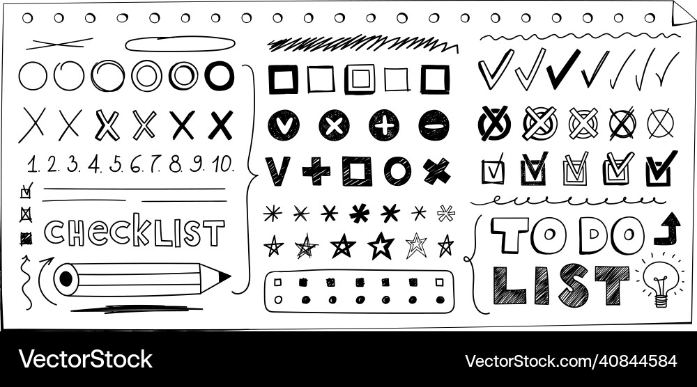 Hand-drawn check marks asterisks checkboxes set Hand-drawn check marks asterisks checkboxes set vector image