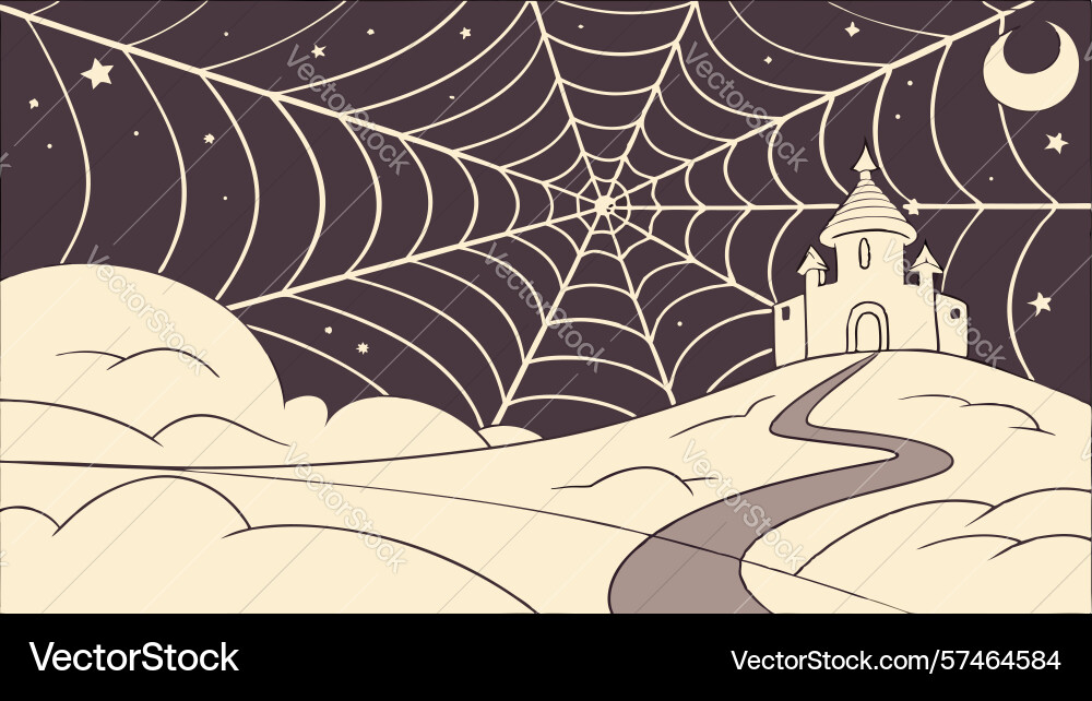 Spiderweb over winding path to castle mysterious vector image