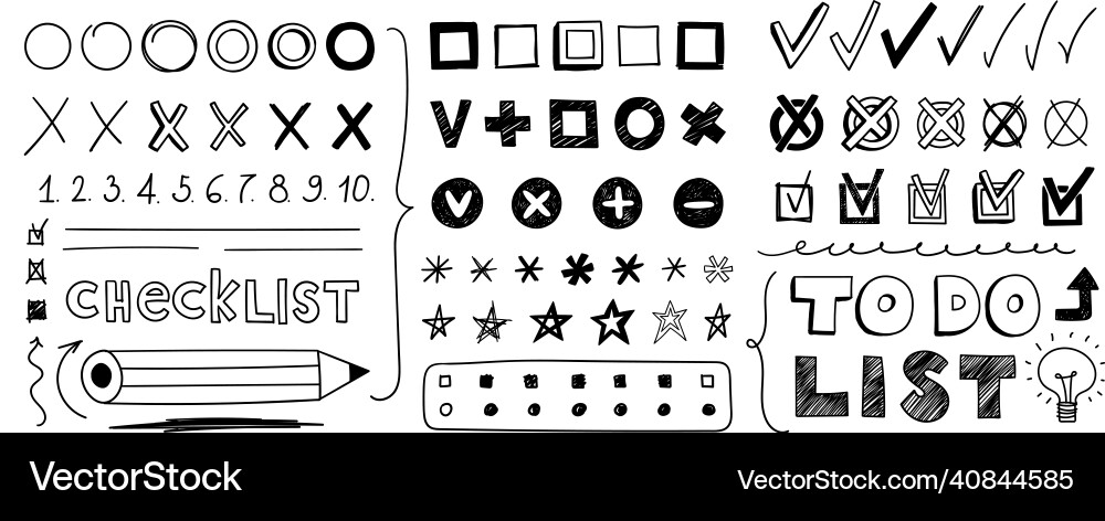 Check marks asterisks checkboxes set of doodle Vector Image