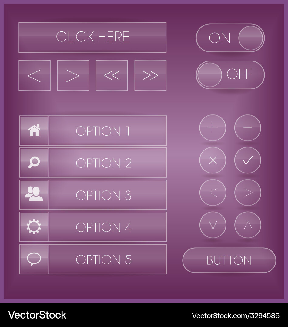 Purple interface buttons and icons set vector image