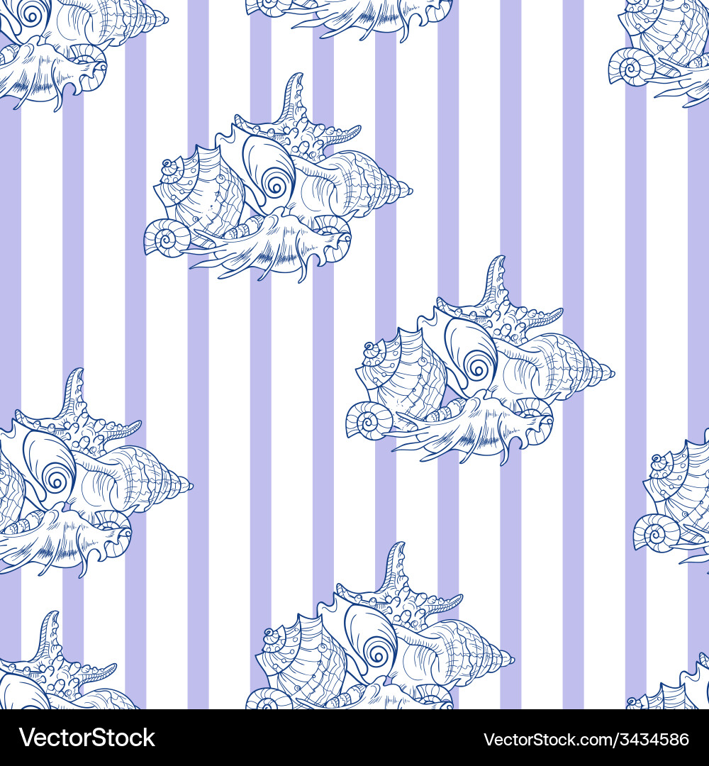 Shell seamless pattern on striped background vector image