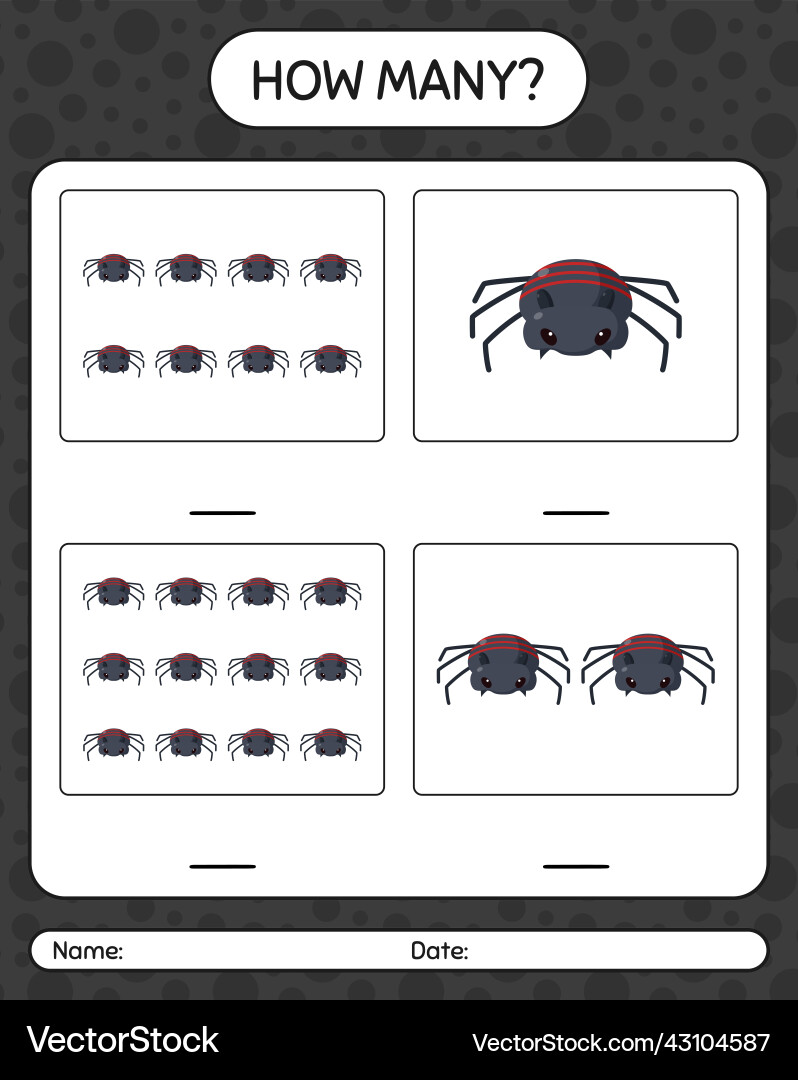 How many counting game with spider worksheet Vector Image