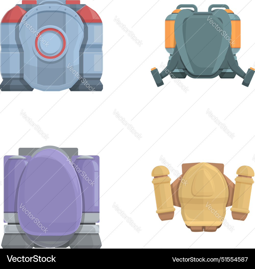 Jet pack icons set cartoon equipment Jet pack icons set cartoon equipment vector image
