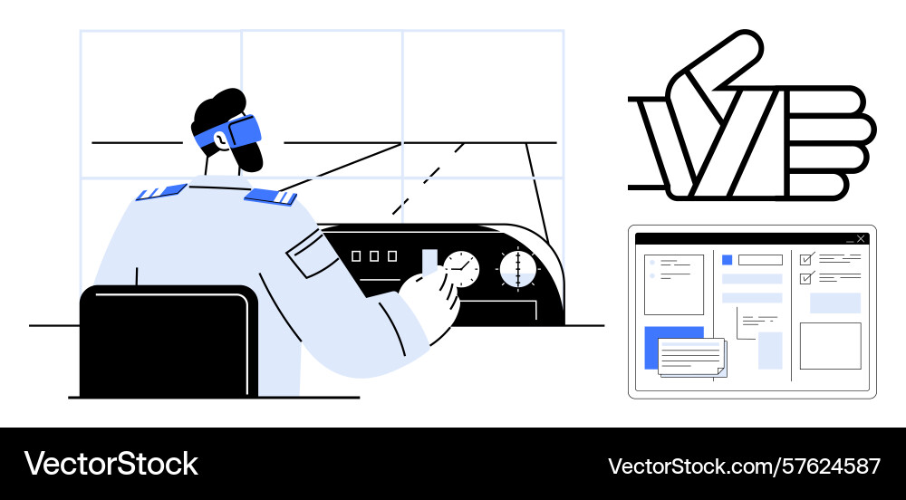 Pilot operating cockpit controls with navigation Pilot operating cockpit controls with navigation vector image