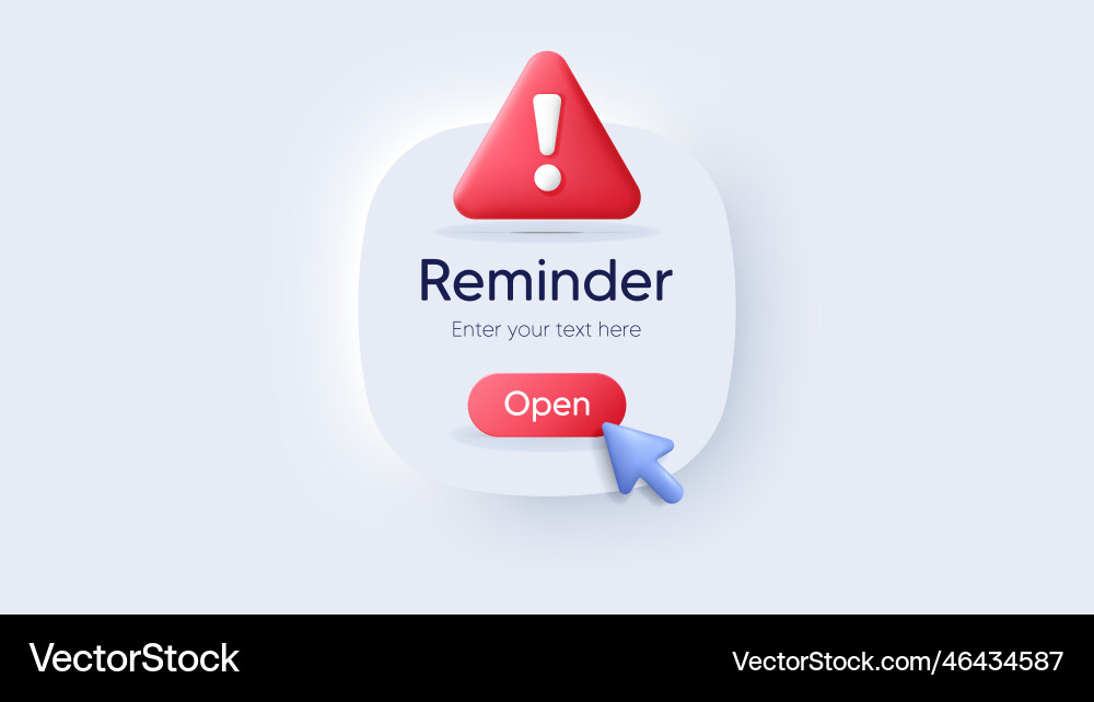 Reminder 3d notifications page with warning alert Reminder 3d notifications page with warning alert vector image
