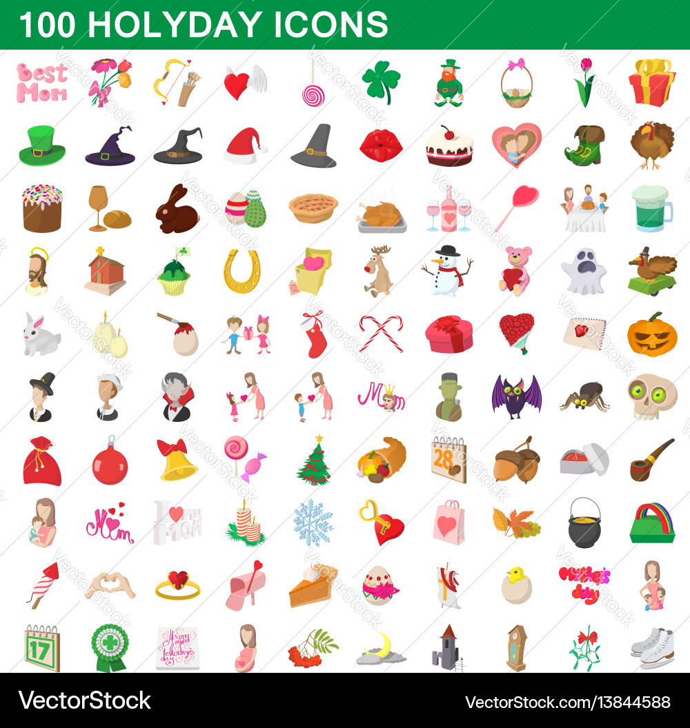 100 holiday icons set cartoon style 100 holiday icons set cartoon style vector image