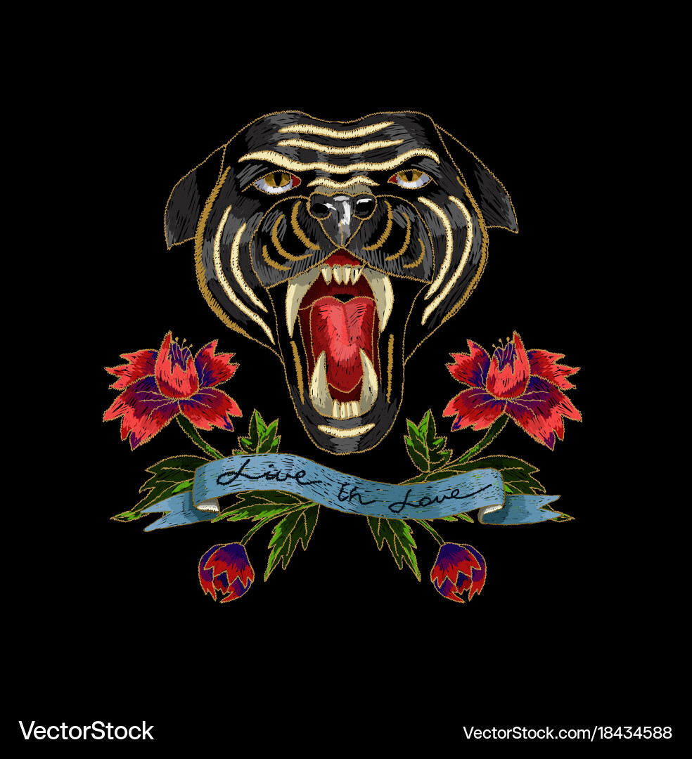 Panther butterfly and flowers embroidery patch Vector Image