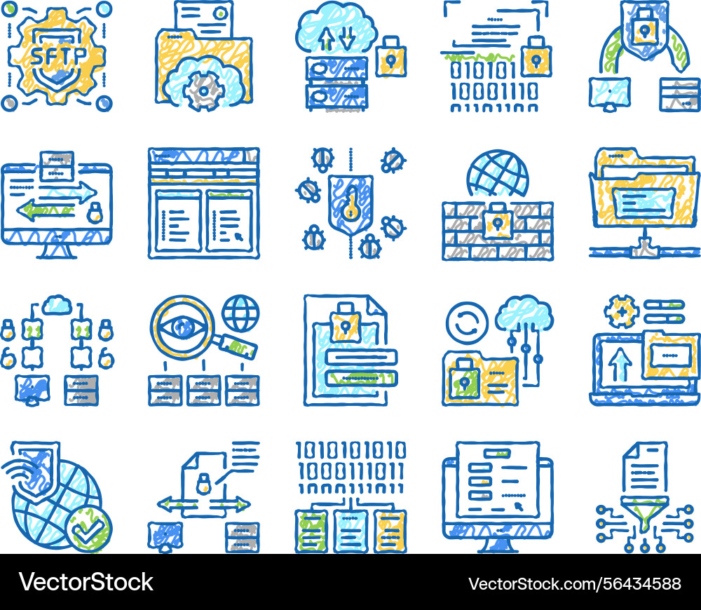 Ssh sftp file transfer protocol icons hand drawn Ssh sftp file transfer protocol icons hand drawn vector image