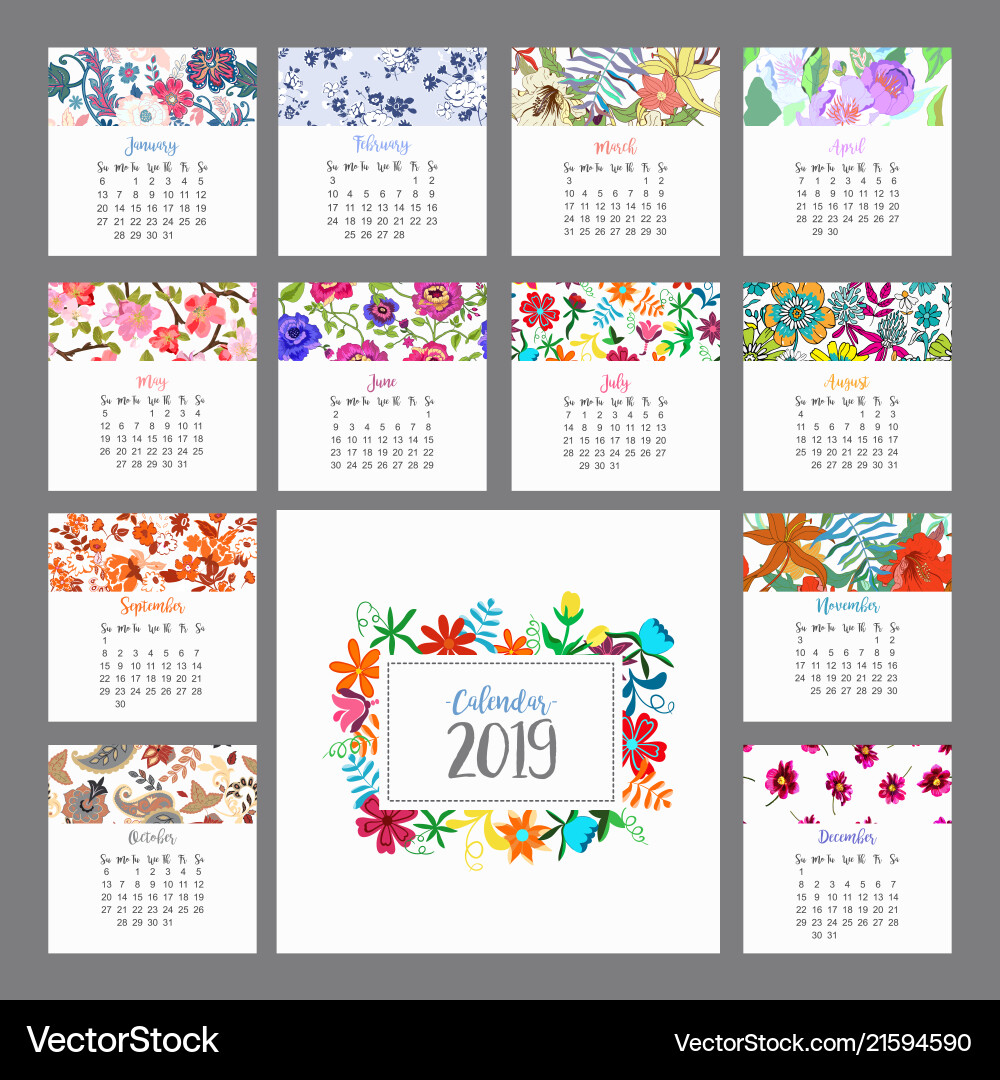 Calendar 2019 floral with colorful Calendar 2019 floral with colorful vector image