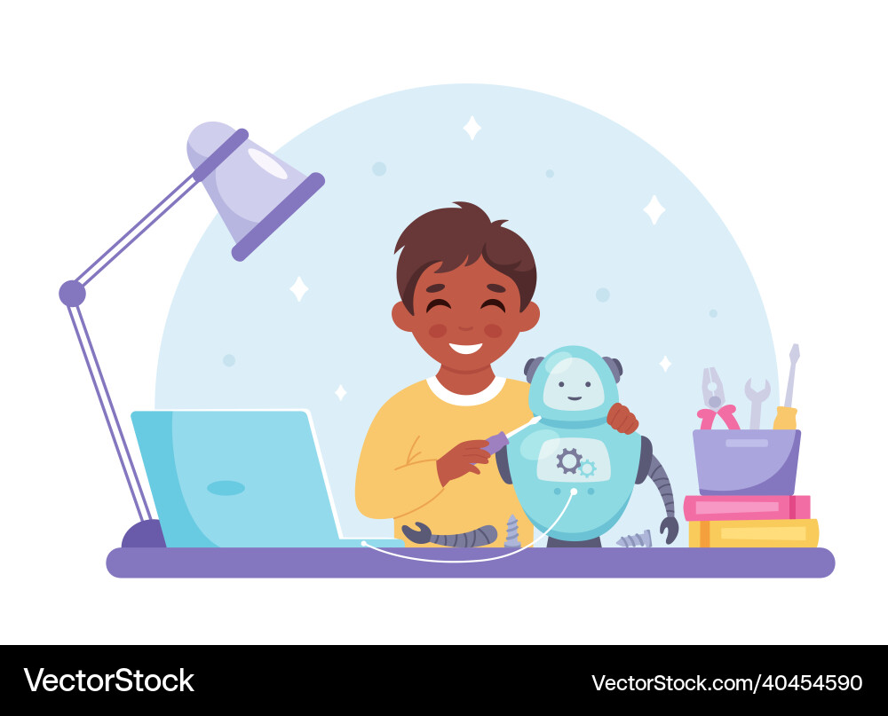 Little boy creating a robot robotics programming Little boy creating a robot robotics programming vector image