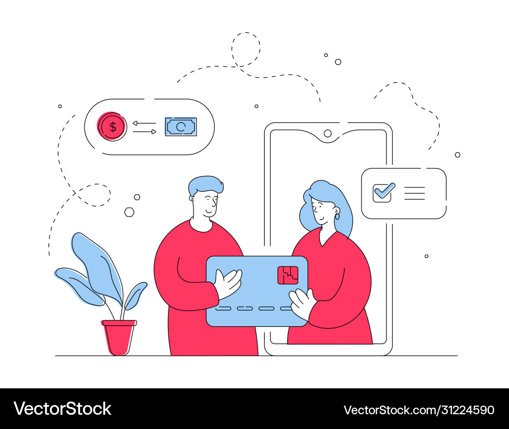 Modern couple transferring money online flat line Modern couple transferring money online flat line vector image