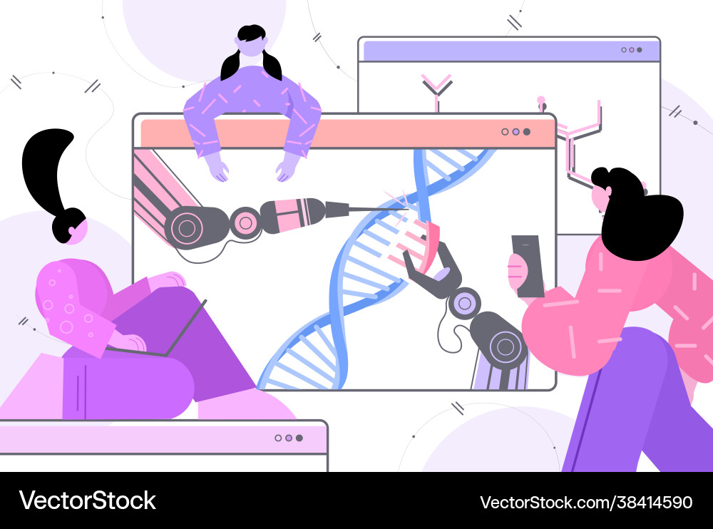Scientists controlling robotic hands working Scientists controlling robotic hands working vector image