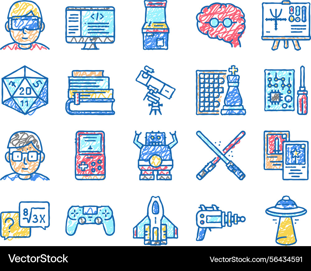 Geek nerd and gamer set icons hand drawn Geek nerd and gamer set icons hand drawn vector image