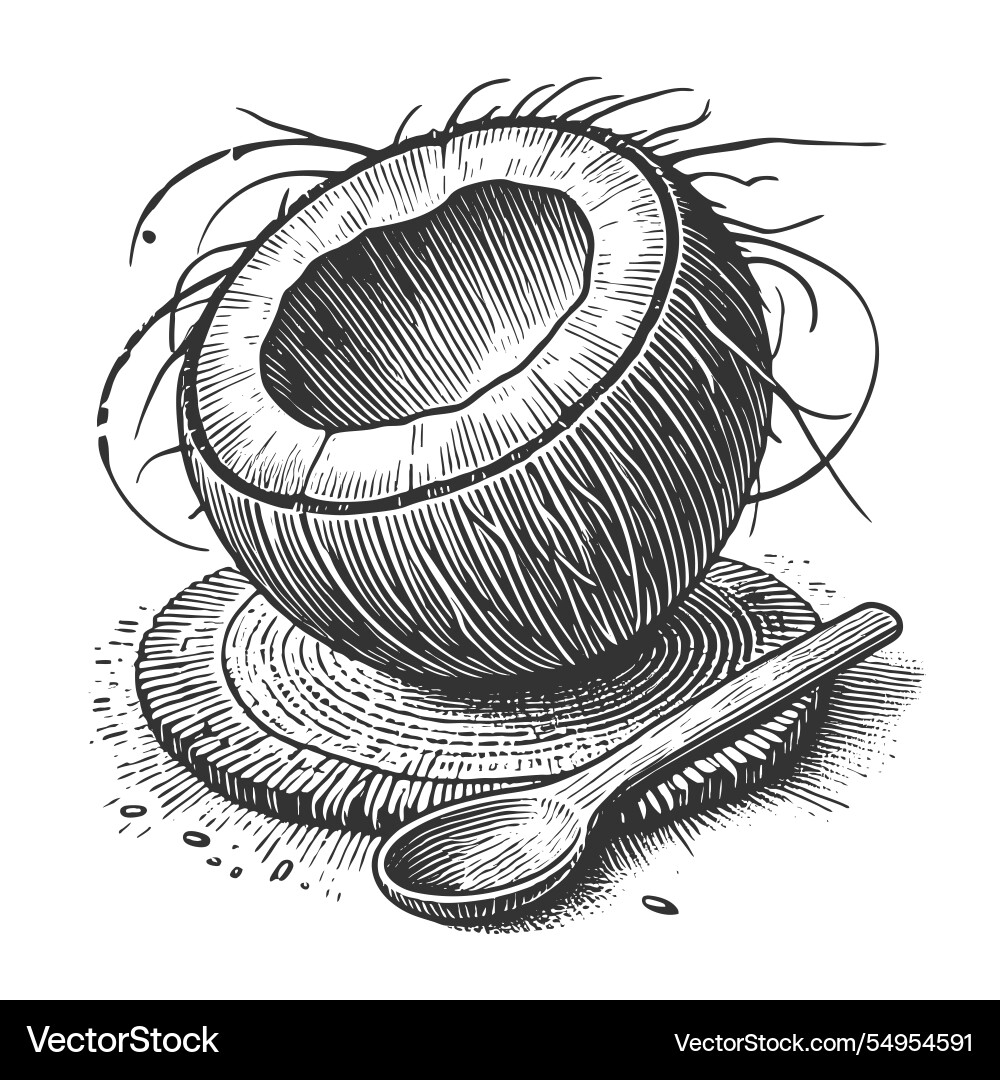 Half coconut with spoon Half coconut with spoon vector image