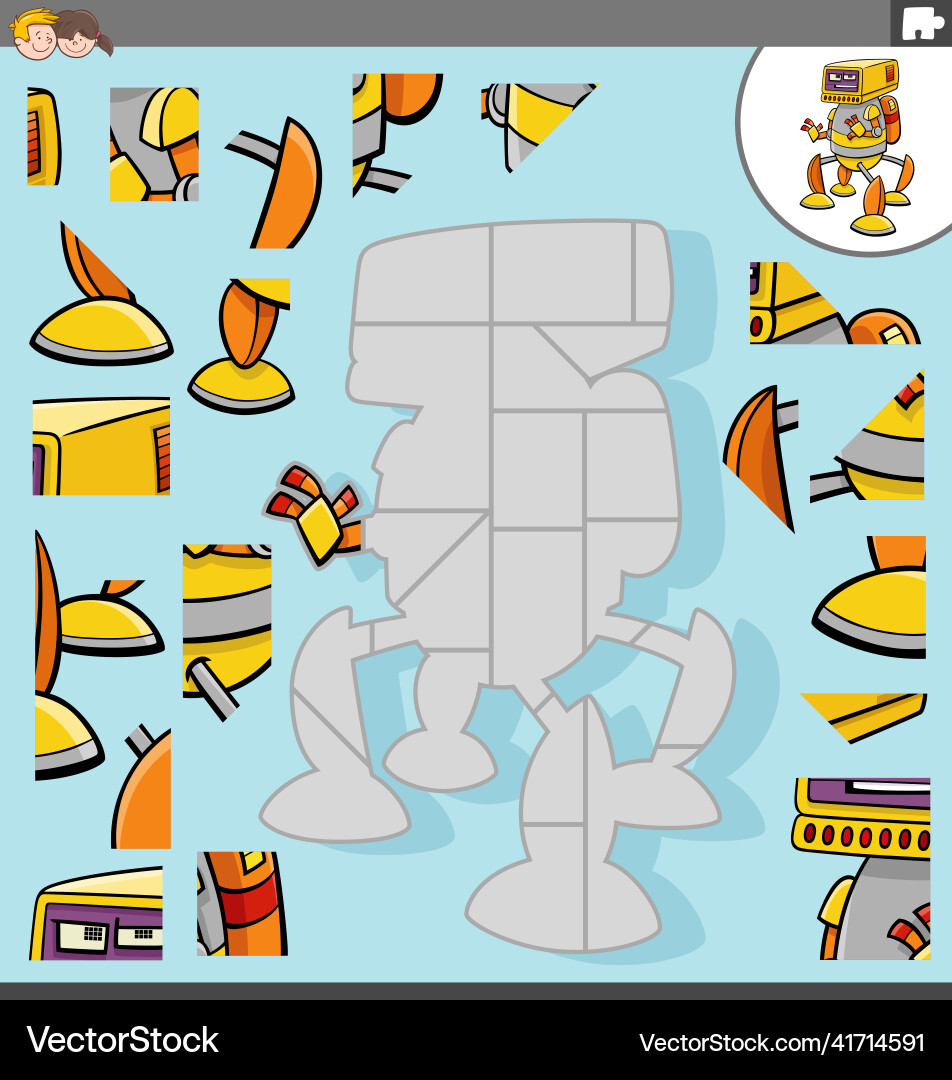 Jigsaw puzzle game with cartoon robot character vector image