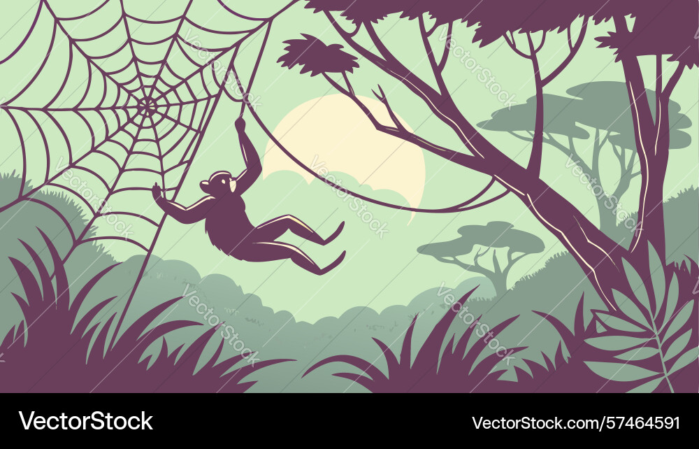 Monkey on branch with spiderweb playful jungle vector image