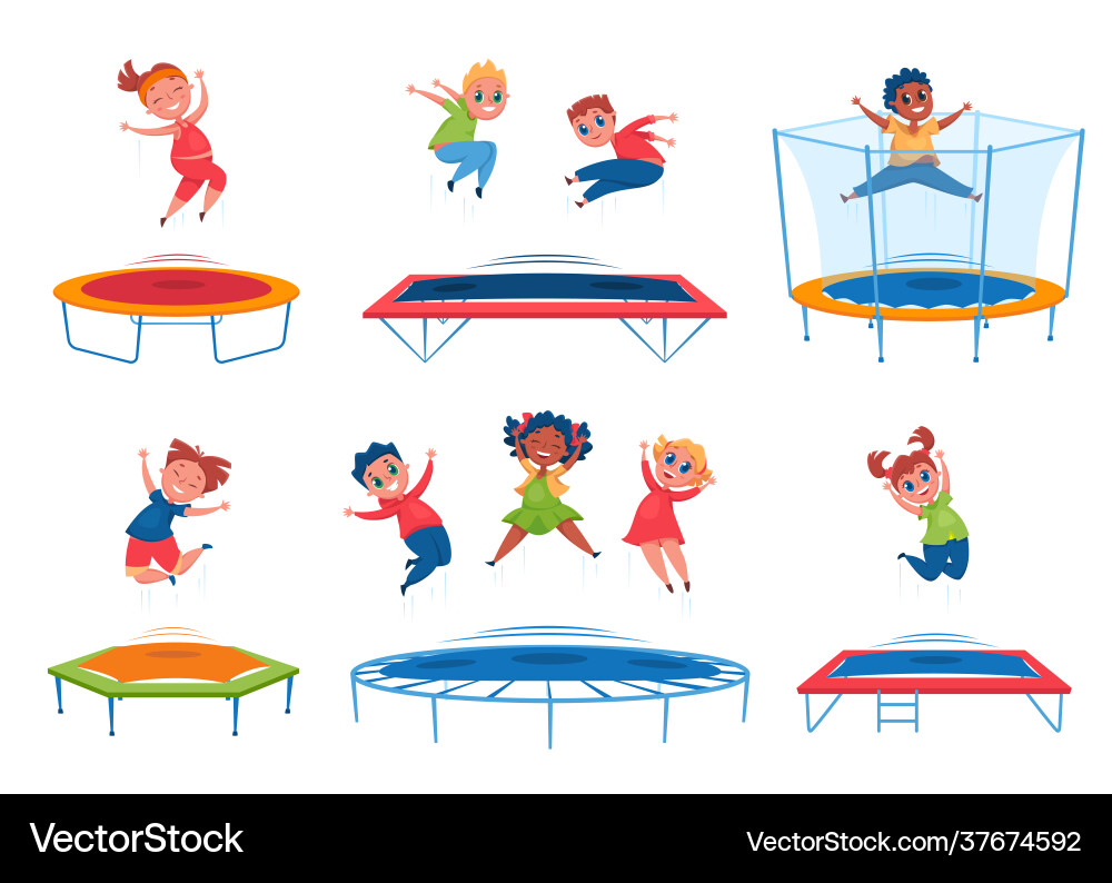 Kids jumping on trampoline happy boys girls Kids jumping on trampoline happy boys girls vector image