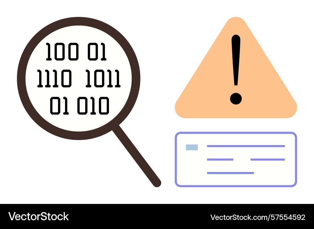 Magnifying glass analyzing binary data with alert vector image
